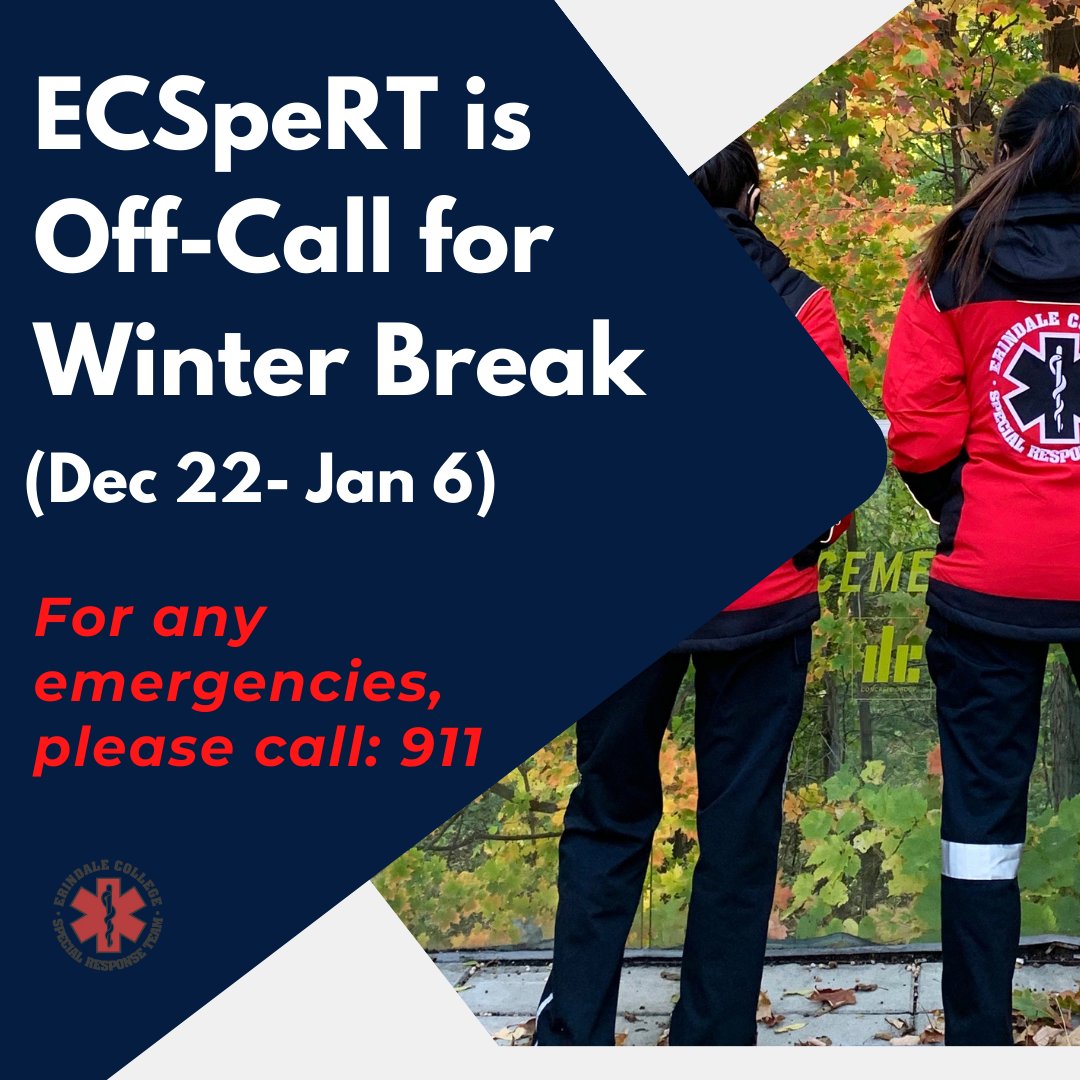 UTM_ECSpeRT's tweet photo. Hello UTM community,

This a reminder that ECSpeRT will be off-call during winter break (Dec 22- Jan 6).

Should any medical emergencies occur: Please call 911.

We hope you have a safe and enjoyable holiday! https://t.co/9S9DDMV8wy