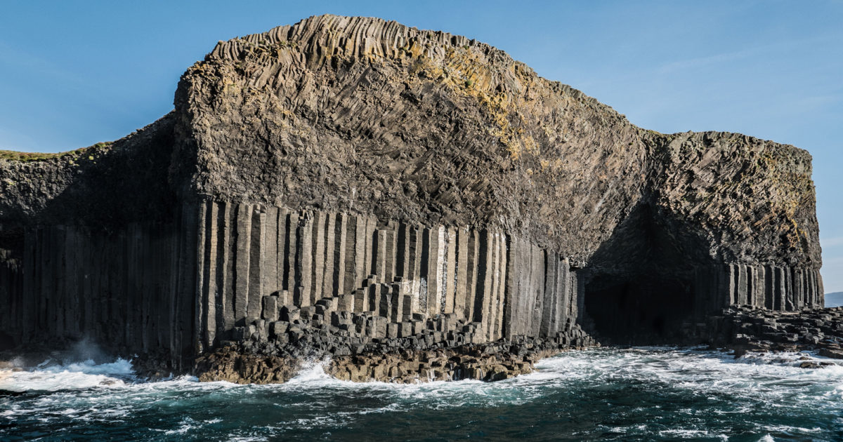 tourscotland's tweet photo. Tour #Scotland aerial travel video Blog, with #Scottish music, of #Fingals #Cave on ancestry visit and trip to the #Island #Of #Staffa, #Inner #Hebrides. Six miles west of Isle of Mull. Fingal's Cave is formed from hexagonally jointed basalt column https://t.co/uQEOmIPpoY https://t.co/GaxcDoVVlV