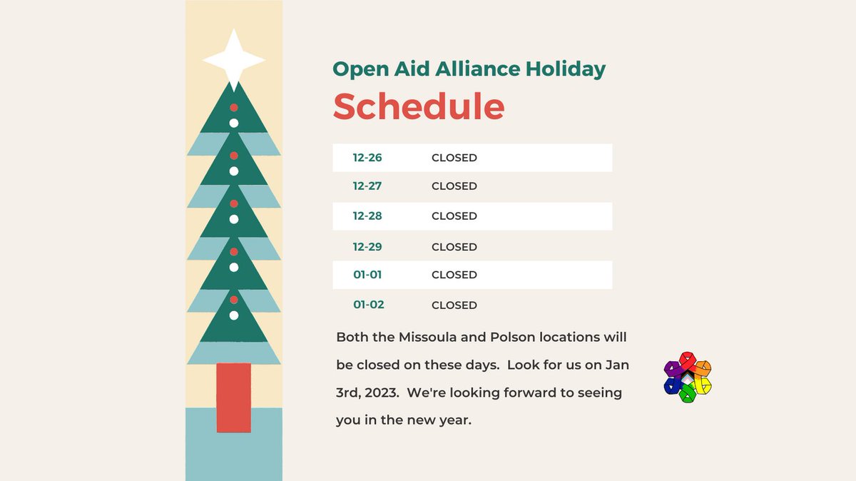 openaidalliance's tweet photo. We'll be closed at both locations (Polson &amp; Missoula) the week after Christmas through January 2nd.  If you need services or supplies, please come in and stock up.  We look forward to seeing you next year, Jan 3rd. 2023.  You'll be on our minds ❤... https://t.co/kUhwhx7td8