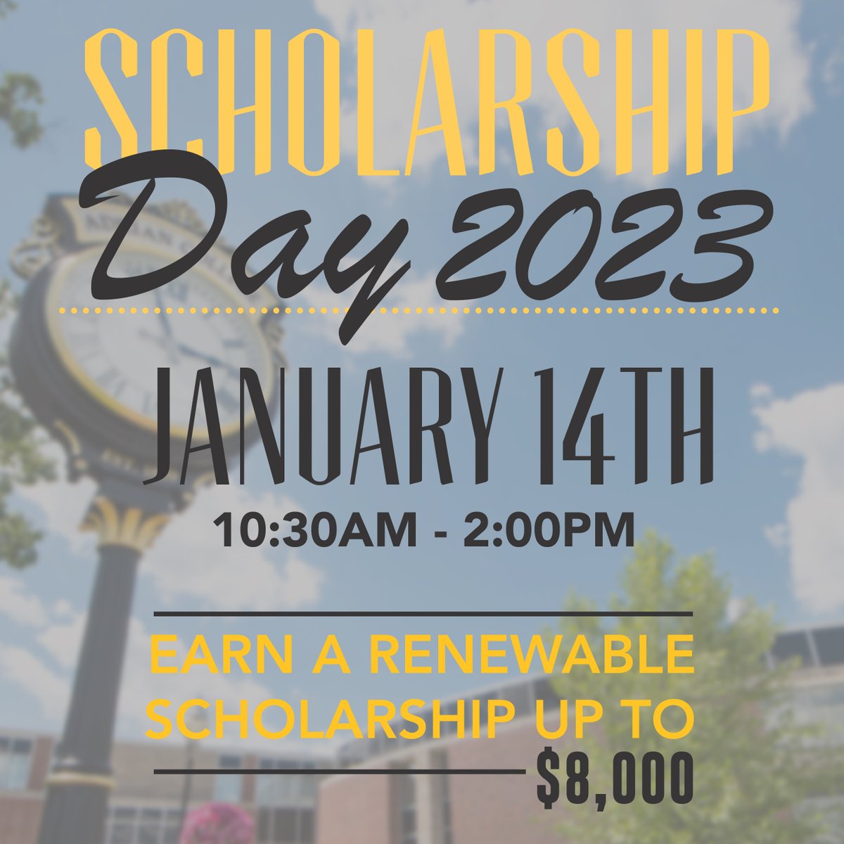 Admitted students for Fall of 2023 are invited to Adrian College's campus for Scholarship Day, which provides the opportunity to earn up to an $8,000 AC Scholarship.
...
Register Now: forms.gle/ME1PFLWe6C7giC…

#GDTBAB #AdrianCollege #BulldogProud