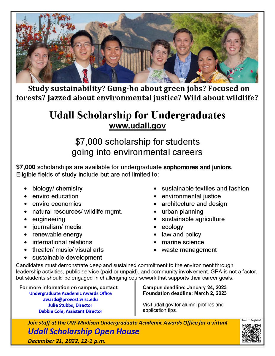UWMadisonAwards's tweet photo. Interested in the environment or tribal health care and public policy? Consider applying for the Udall Undergraduate Scholarship https://t.co/otlLkWF97q https://t.co/vBeFWk1OSi