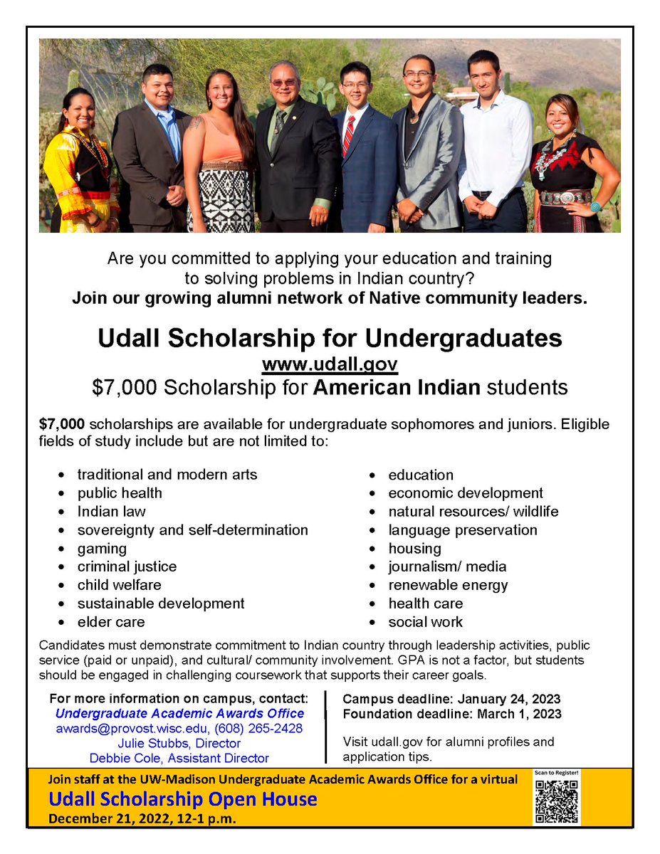 UWMadisonAwards's tweet photo. Interested in the environment or tribal health care and public policy? Consider applying for the Udall Undergraduate Scholarship https://t.co/otlLkWF97q https://t.co/vBeFWk1OSi