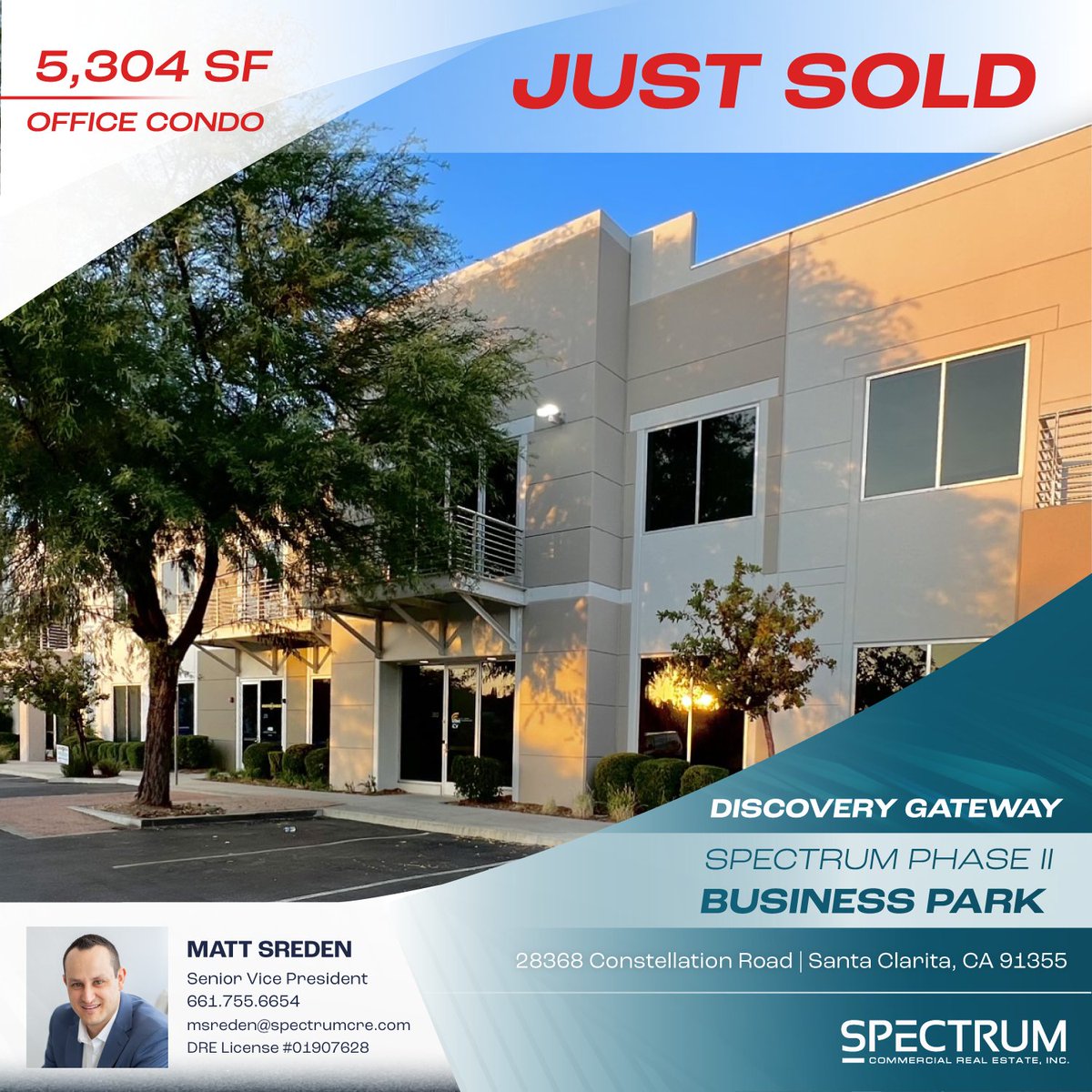 #JUSTSOLD: 5,304 SF #Office #Condo at Spectrum Phase II Business Park, #SantaClarita, CA. #Congratulations Matt Sreden! 
.
.
.
#SpectrumCRE | #CRE | #CommercialRealEstateBrokerage | #SantaClarita | #RealEstateNews | #CommercialRealEstateAgents | #CREAgent | #Broker | #Tradedla