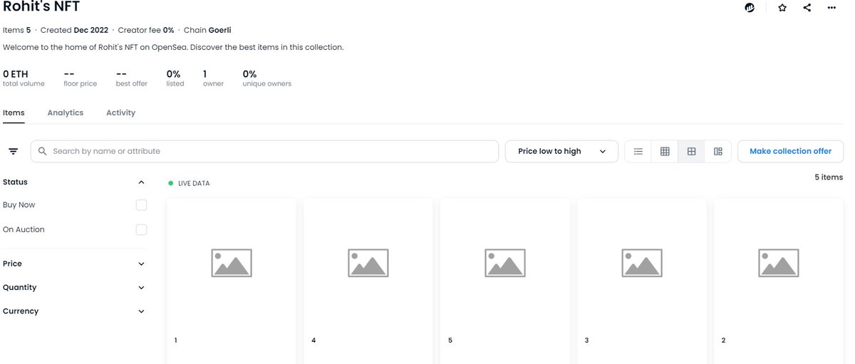 Yayyy! I completed the Build your own simple NFT lesson on <a href="/LearnWeb3DAO/">LearnWeb3</a> with a perfect score! 

I minted 5 NFTs using Hardhat on the Goerli test net and used @AlchemyPlatform API. Here's a preview of OpenSea testnet

#ETH