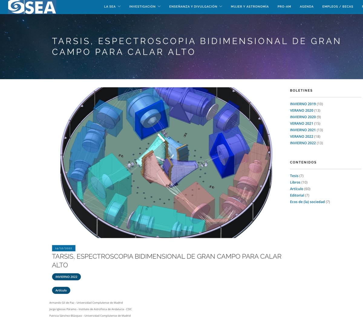 IPARCOS_UCM's tweet photo. Articulo en Boletín @SEA_astronomia: Solsticio de Invierno 2022:
- TARSIS, ESPECTROSCOPIA BIDIMENSIONAL DE GRAN CAMPO PARA CALAR ALTO @tarsiscatarsis
Armando Gil de Paz, Jorge Iglesias Páramo, Patricia Sánchez-Blázquez @unicomplutense, @iaa_csic 
👉 Ver: https://t.co/QJ0EYvWORn https://t.co/CKlbvS7Etp