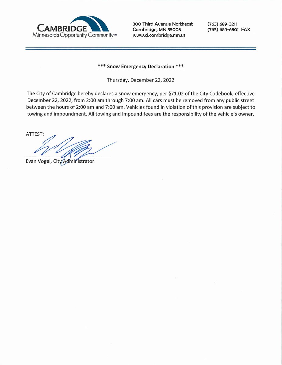 cambridgemned's tweet photo. *** Snow Emergency Declaration ***
Thursday, December 22, 2022
The City of Cambridge hereby declares a snow emergency, per §71.02 of the City Codebook, effective December 22, 2022, from 2:00 am through 7:00 am. All cars must be removed from any public street between those hours https://t.co/9crCmSorUz