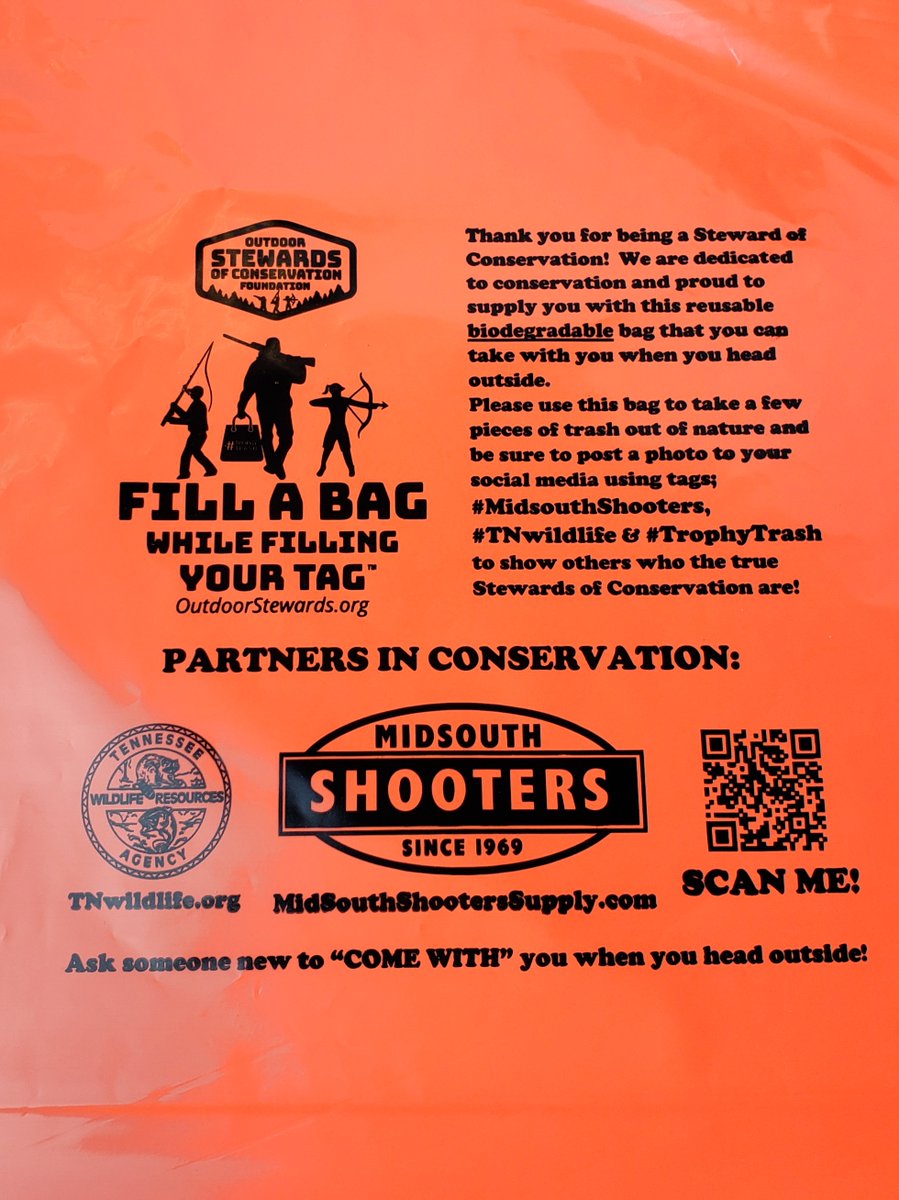 MidsouthShooter's tweet photo. @tnwildlife and @outdoorstewards want to thank you for being a Steward of Conservation! Use this bag to take some trash out of nature and be sure to post a photo with the tags #TNwildlife #TrophyTrash and #MidsouthShooters to show others who the true Stewards of Conservation are! https://t.co/EYI1b5kJMK