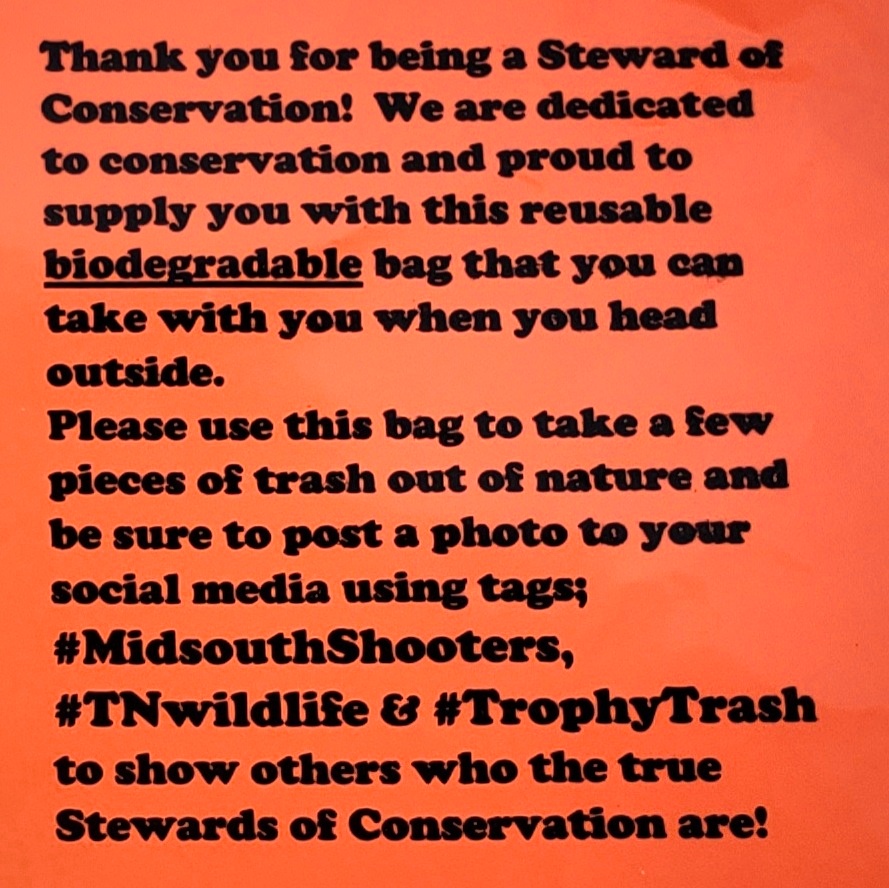 MidsouthShooter's tweet photo. @tnwildlife and @outdoorstewards want to thank you for being a Steward of Conservation! Use this bag to take some trash out of nature and be sure to post a photo with the tags #TNwildlife #TrophyTrash and #MidsouthShooters to show others who the true Stewards of Conservation are! https://t.co/EYI1b5kJMK