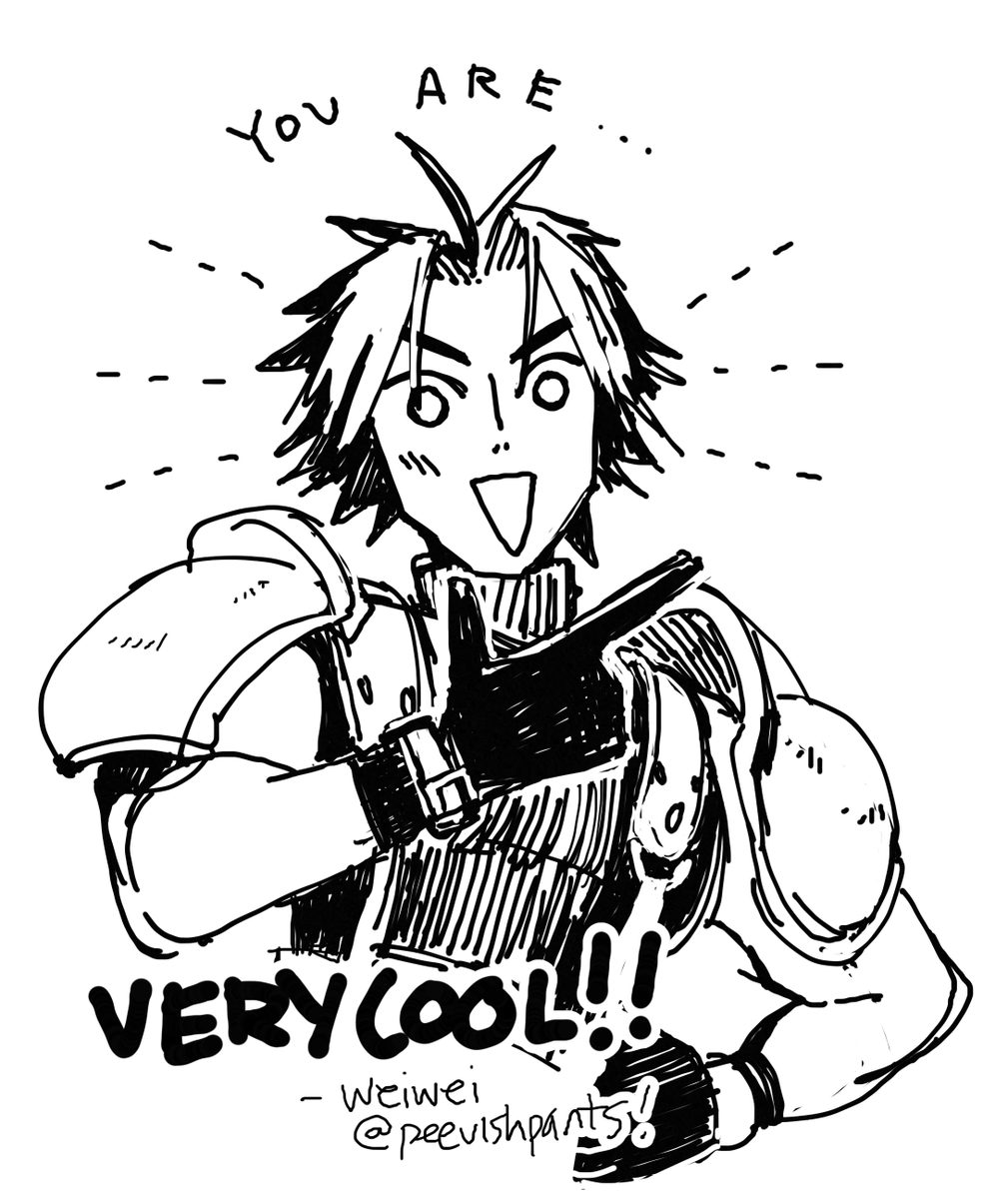 and finally, an encouraging zack fair doodle!!! Got my copy of <a href="/ZackFairZine/">Zack Fair Fanzine ⚔ CONFLICT RESOLVED!</a> in the mail and the whole package bangs. thanks again for having me! #FinalFantasy