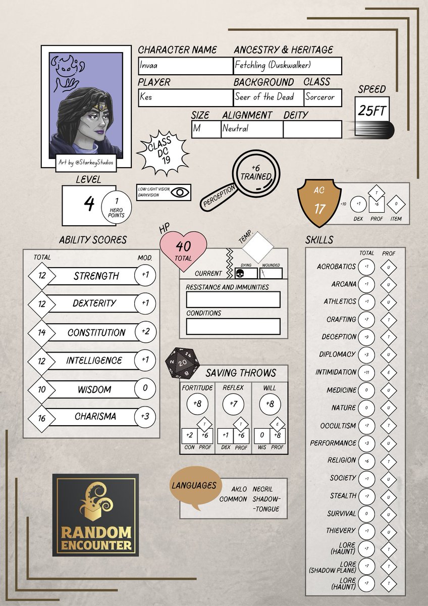 random_rpg's tweet image. We've been asked several times about our character builds: So here is Invaa's character sheet:

#Pathfinder #Pathfinder2e #Sorcerer #AbominationVaults