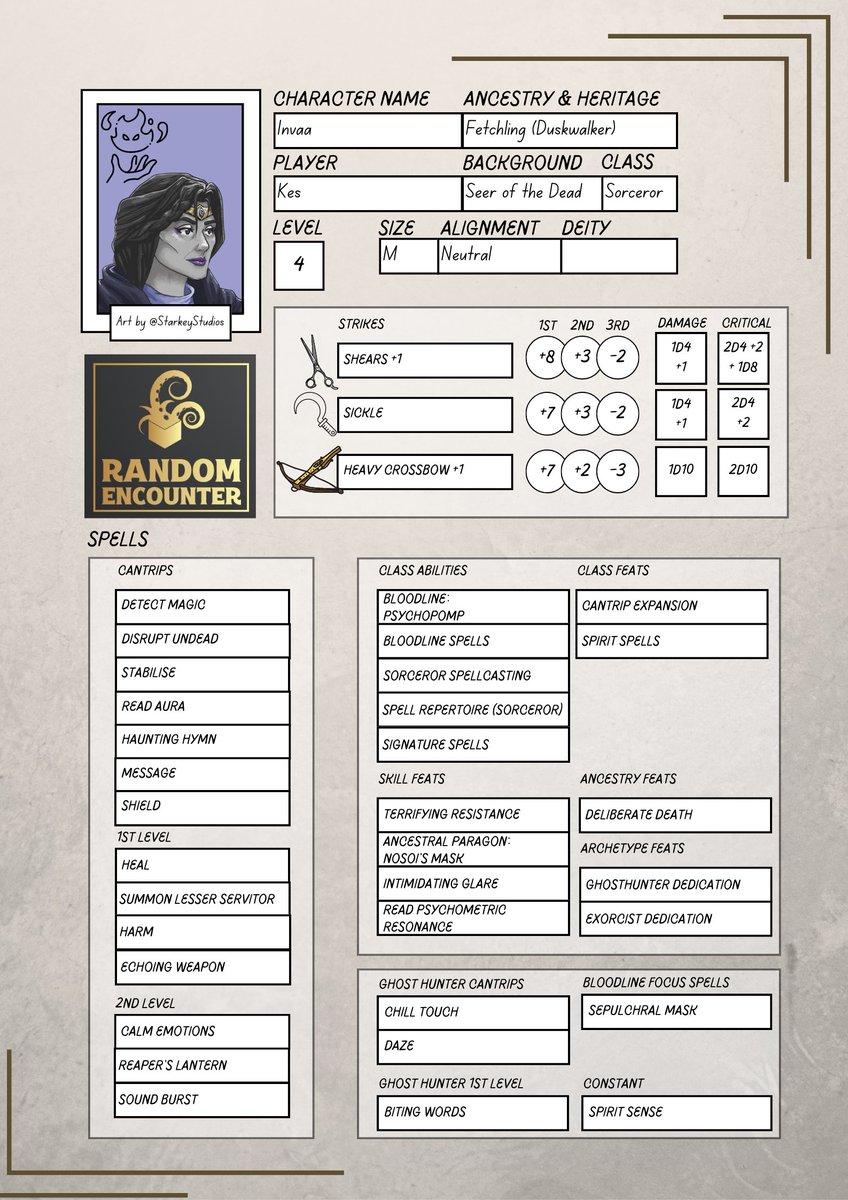 random_rpg's tweet image. We've been asked several times about our character builds: So here is Invaa's character sheet:

#Pathfinder #Pathfinder2e #Sorcerer #AbominationVaults