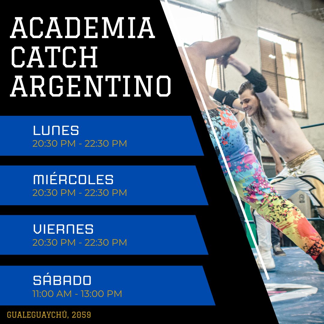 Vení a entrenar a la Academia!
Tenemos clases los Lunes, Miércoles y Viernes de 20:30 PM a 22:30 PM y los Sábados de 11:00 AM a 13:00 PM, en Gualeguaychú al 2059, en el barrio de Floresta.
Consultar por mensaje privado a @academia_catch por Instagram.