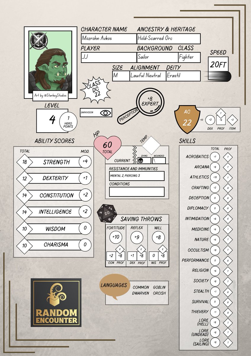 random_rpg's tweet image. We've been asked several times about our character builds: So here is Moz's character sheet:

#Pathfinder #Pathfinder2e #Fighter #AbominationVaults