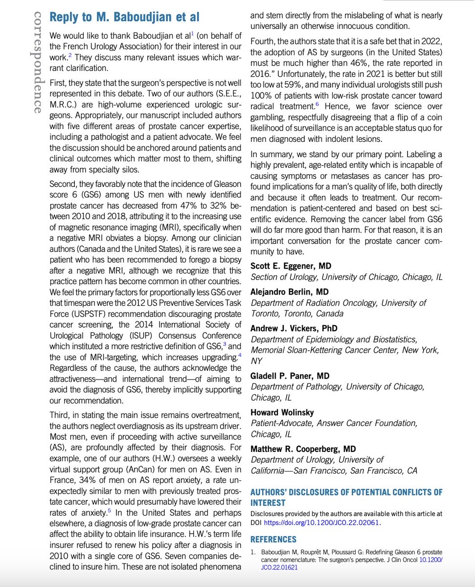 Scott Eggener (@uroegg) on Twitter photo JCO paper on considering a name change for G6/GG1
Comments/criticism by some thoughtful French urologists: ascopubs.org/doi/pdf/10.120…
Our reply: ascopubs.org/doi/pdf/10.120…
<a href="/GPloussard/">Ploussard Guillaume</a> <a href="/MRoupret/">Morgan Roupret</a> <a href="/dr_coops/">Matt Cooperberg</a> <a href="/VickersBiostats/">Andrew Vickers</a> <a href="/aleberlin2/">Alejandro (Ale) Berlin</a> <a href="/journotwit/">Howard Wolinsky</a> <a href="/GladellPaner/">Gladell Paner, MD</a> JCO paper on considering a name change for G6/GG1
Comments/criticism by some thoughtful French urologists: ascopubs.org/doi/pdf/10.120…
Our reply: ascopubs.org/doi/pdf/10.120…
<a href="/GPloussard/">Ploussard Guillaume</a> <a href="/MRoupret/">Morgan Roupret</a> <a href="/dr_coops/">Matt Cooperberg</a> <a href="/VickersBiostats/">Andrew Vickers</a> <a href="/aleberlin2/">Alejandro (Ale) Berlin</a> <a href="/journotwit/">Howard Wolinsky</a> <a href="/GladellPaner/">Gladell Paner, MD</a>
