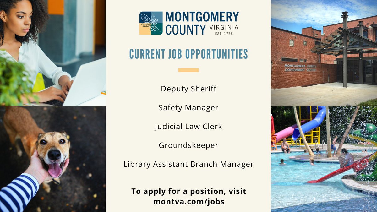 montgomeryva's tweet photo. Looking to change things up in the new year? We're hiring! Check out our current job opportunities. Descriptions, benefits, and links to apply are at https://t.co/6Fg8bLrekV.

#WorkWithMontVa #LocalGovernmentJobs #Careers #Employment https://t.co/wanwA3VsUP
