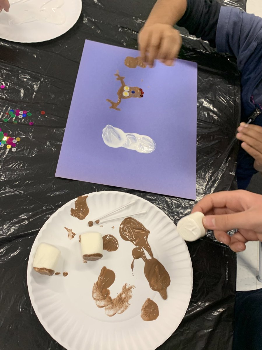 MrsHolley_'s tweet photo. Painting with jumbo marshmallows and Q-tips!! We LOVE our kindergarten buddies. My students had the extra responsibility of making sure marshmallows weren’t eaten… It was a success 😅☃️ @SACTVDSB #wintercraft #marshmallowstamps #buddies https://t.co/XmUVJ64SEA
