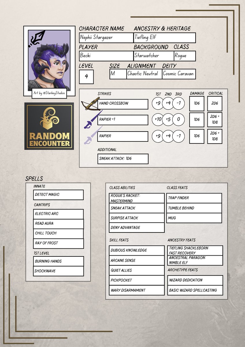 random_rpg's tweet image. We've been asked several times about our character builds: So here is Nephii's character sheet:

#Pathfinder #Pathfinder2e #Rogue #AbominationVaults
