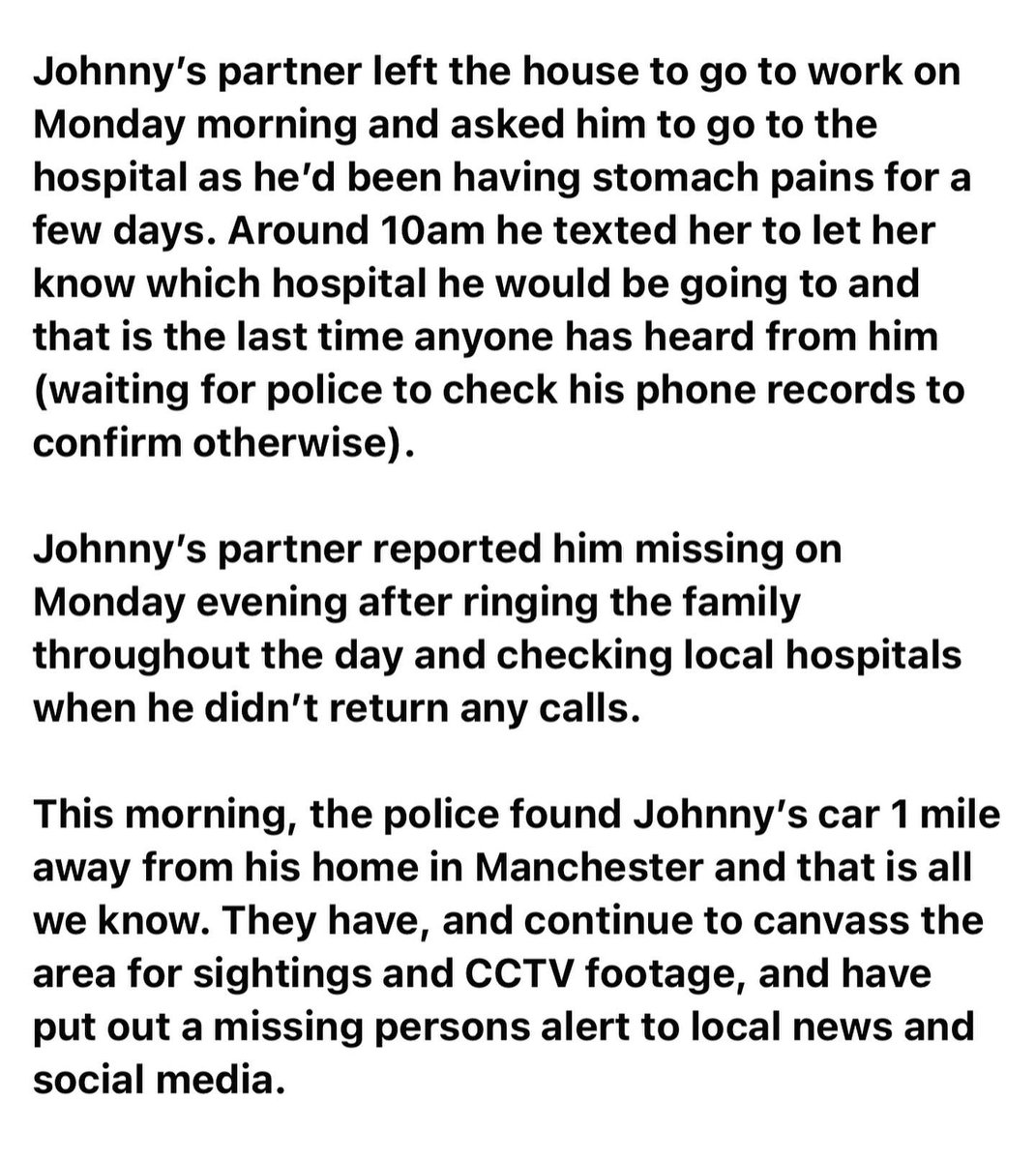 gemmaratty's tweet photo. Please help us find our friend… Manchester area, missin since Monday, his car has been found open, picture is where car was found Eccles in Manchester please if you are in that area please look for him we feel so helpless being so far away… please share #missingperson https://t.co/qaXPkpHCIP