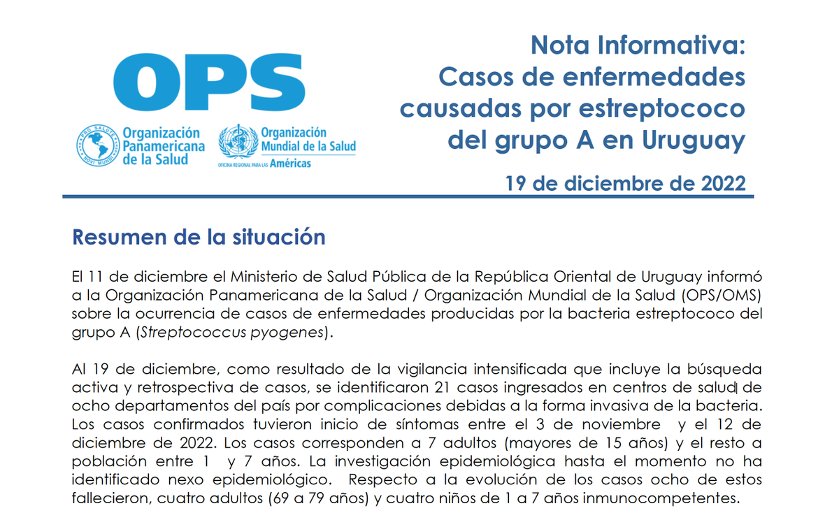 Dr_Julio_Medina's tweet photo. Uruguay 🇺🇾: #Streptococcus #pyogenes (Streptococcus del grupo A)
Se identificaron 21 casos ingresados en centros de salud que comenzaron sintomas entre el 3 de noviembre y el 12 de diciembre de 2022. Los casos corresponden a 7 adultos (mayores de 15 años) y el resto a
🧵 1/8 https://t.co/cjhOB8VhMT
