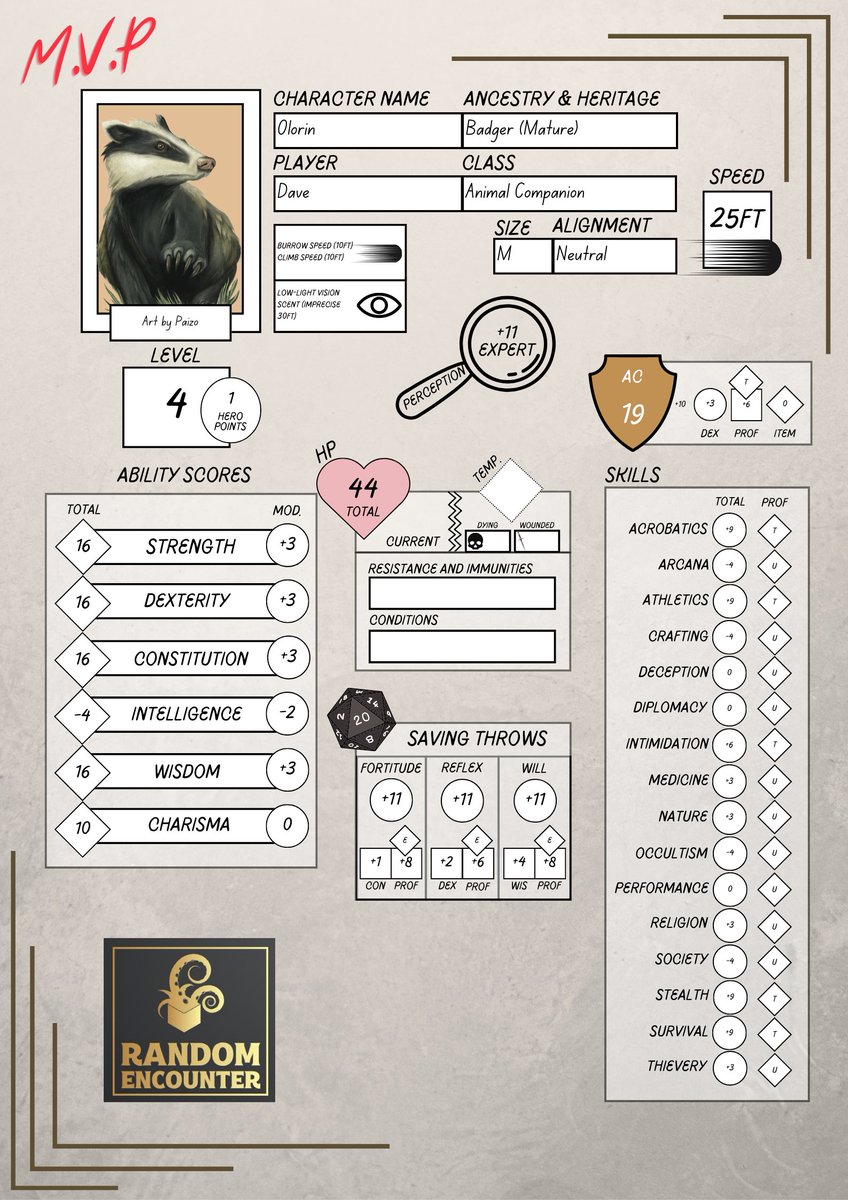 random_rpg's tweet image. We've been asked several times about our character builds: So here is the MVPs character sheet:

#Pathfinder #Pathfinder2e #Companion #AbominationVaults