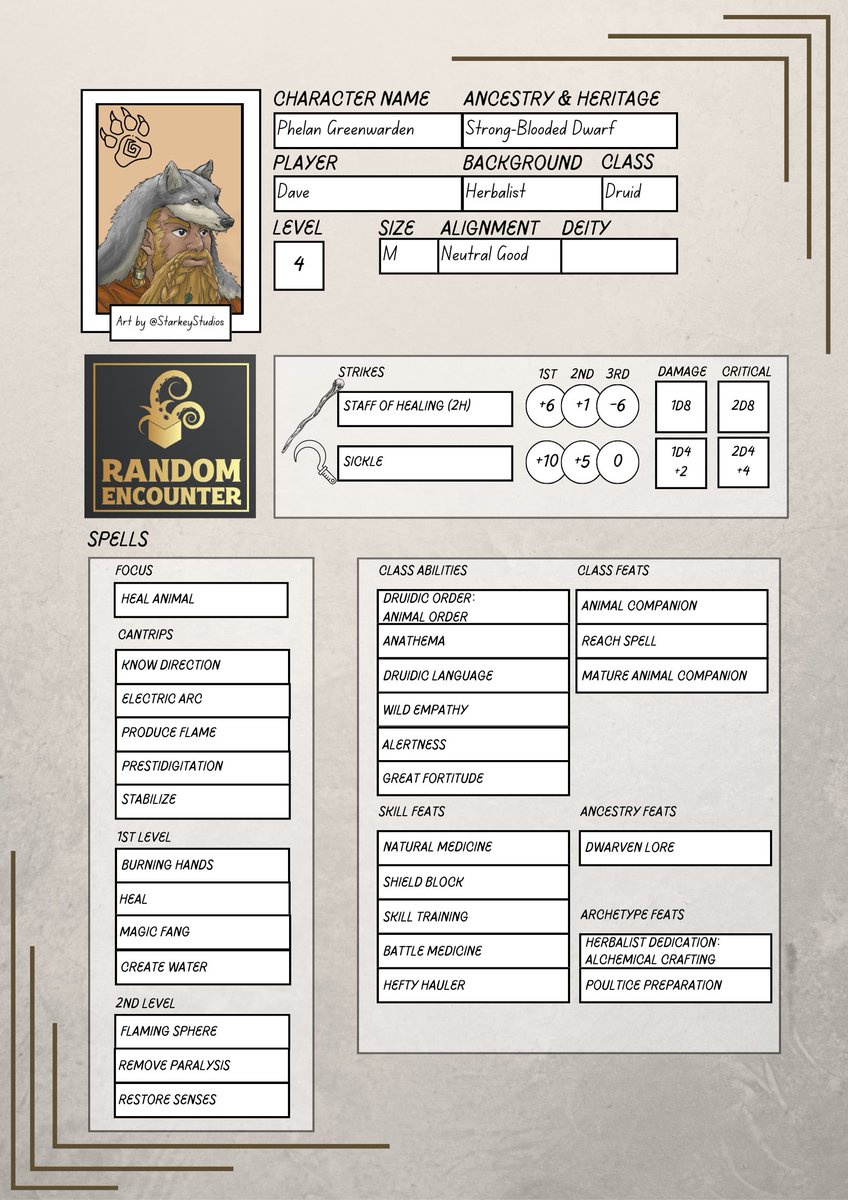 random_rpg's tweet image. We've been asked several times about our character builds: So here is Phelan's character sheet:

#Pathfinder #Pathfinder2e #Druid #AbominationVaults
