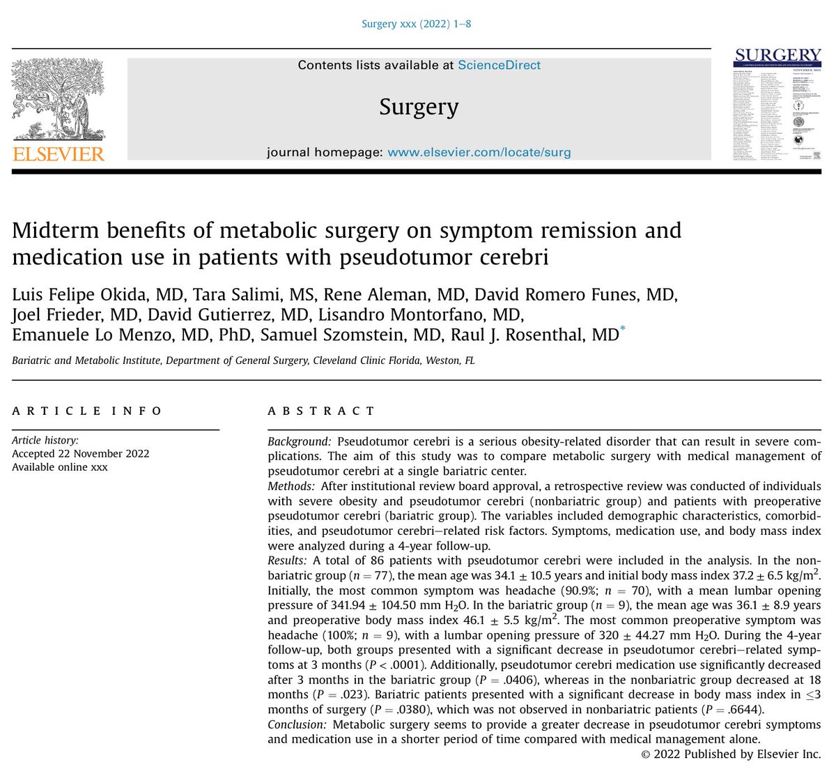 FelipeOkidaMD's tweet photo. Idiopathic intracranial hypertension is a rare disease that seems to have a link to obesity. In this paper just published in @surgjournal, we demonstrated a potential benefit of bariatric surgery, with more than 80 patients, making it one of the largest studies on this subject. https://t.co/HwGJ765GCv