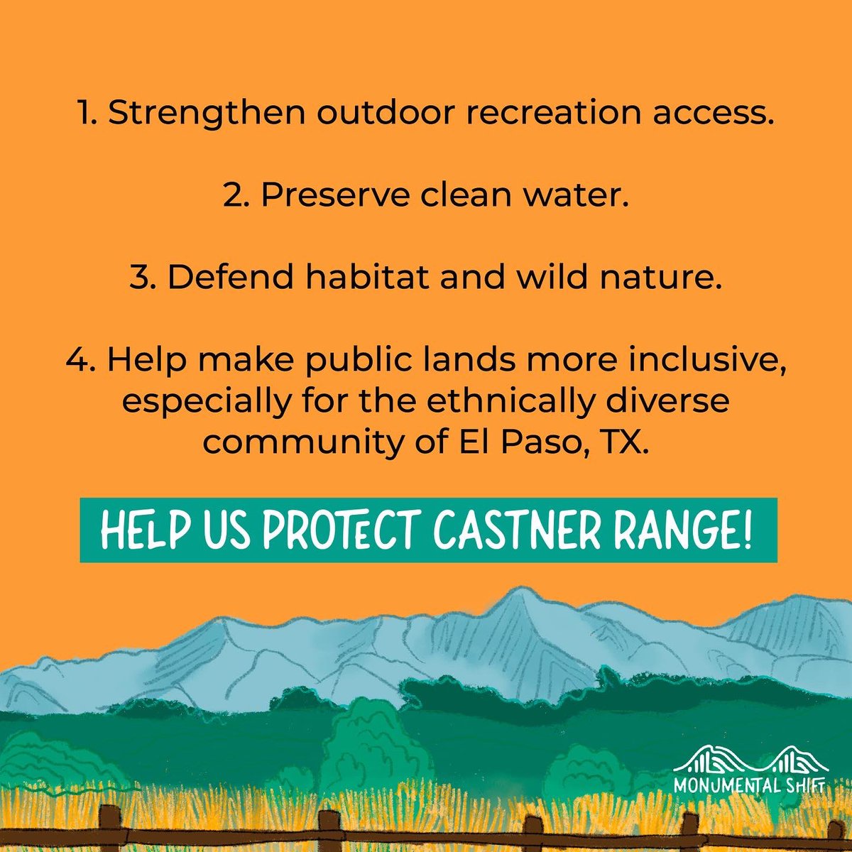 President Biden can immediately protect Castner range via the Antiquities Act. Protecting the largest bi-national community would benefit El Paso and all ethnically diverse communities across the U.S. 

#CastnerRange #Caster4Ever #MonumentalSHIFT #LandProtection #LandManagement