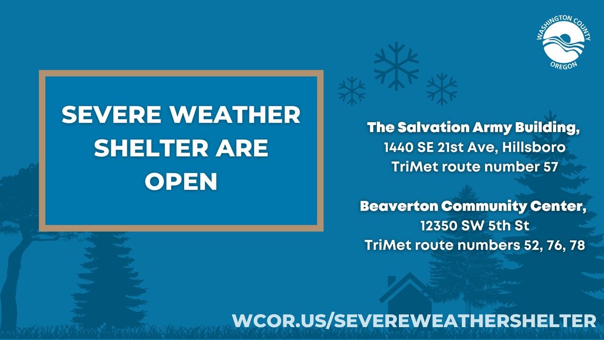 CityofHillsboro's tweet photo. Severe weather shelters are open TODAY, 12/21 at 4 pm through 12/24 at noon. 

Shelters will remain open 24 hours throughout the severe weather event. 

Salvation Army Building
1440 SE 21st Ave

More info: https://t.co/IxLNmQZNx4 https://t.co/0aN4Iwit4N