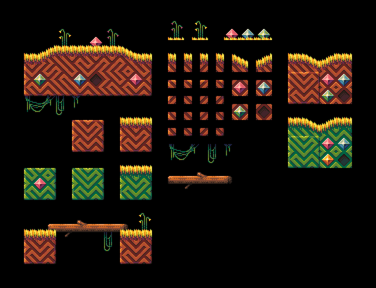 MartiansGame's tweet photo. I made some more progress on my 16-bit tileset this evening. It might seem simple compared to the masterpieces some pixel artists produce, but for me this represents real progress, and I'm happy with that! ☺️ #pixelart #gamedev https://t.co/v0ktmKeyip