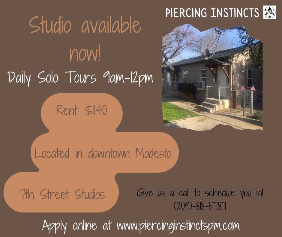 Piproperties1's tweet photo. Schedule an appointment to take a look at our Studio now! You can call our office at (209)-818-5787 to set up the appointment 
#propertymanagement #uncustomary #upgrades #familyowned #modesto #realestate #piercinginstinctsfamily https://t.co/A7cKRVwlnL