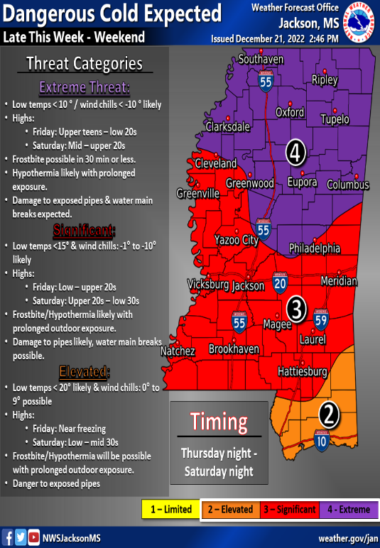 ⚠️UPDATE Dangerous Cold Expected
There's now an Extreme Threat of dangerous cold wx to a larger portion of the state. 
 -Frostbite and Hypothermia possible
- Damage to pipes and water main breaks are expected 
 - Plan now: food, water, ways to stay warm in case of power outages