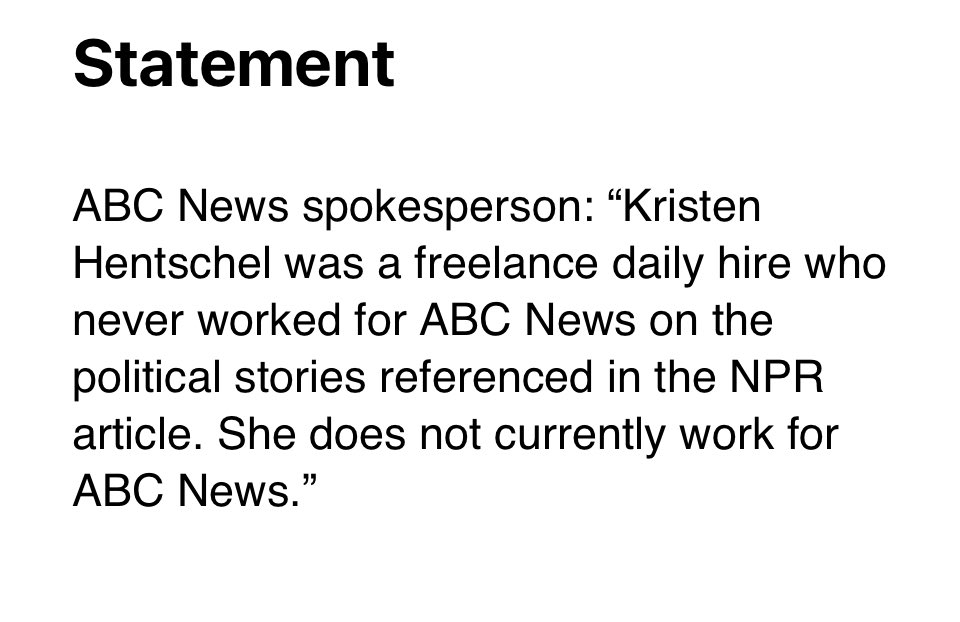 davidfolkenflik's tweet photo. NEWS: ABC News cuts ties w veteran producer after our story showing she had also acted as corporate operative, posing as reporter to trip up anti-pollution politicians. 

From ABC News spokesperson: https://t.co/wfJRQuPXfP