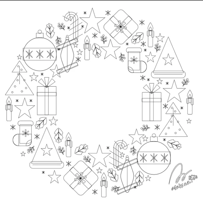 Illustratorで描いたクリスマスリース。2枚目のアウトラインを見てもらうと、意外と単純な形の組み合わせで出来ているのがわかります※このイラストデータを無料配布しています。詳しくは引用元ツイートをご確認下さい。#Adobe #Illustrator #イラレ #クリスマスイラスト #イラスト  