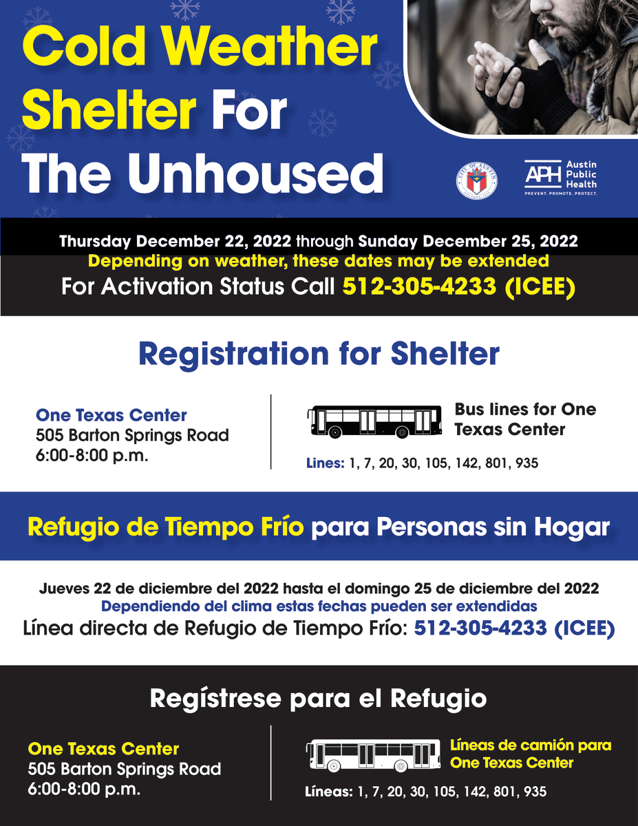 Shelters will open overnight on Thurs 12/22, Fri 12/23, Sat 12/24, and Sun 12/25 as it is expected to meet the threshold.
Starting tomorrow, go to the One Texas Center (OTC), 505 Barton Springs Road 6-8pm to reg. and be transported to a shelter. More info👉bit.ly/3HYBrA6