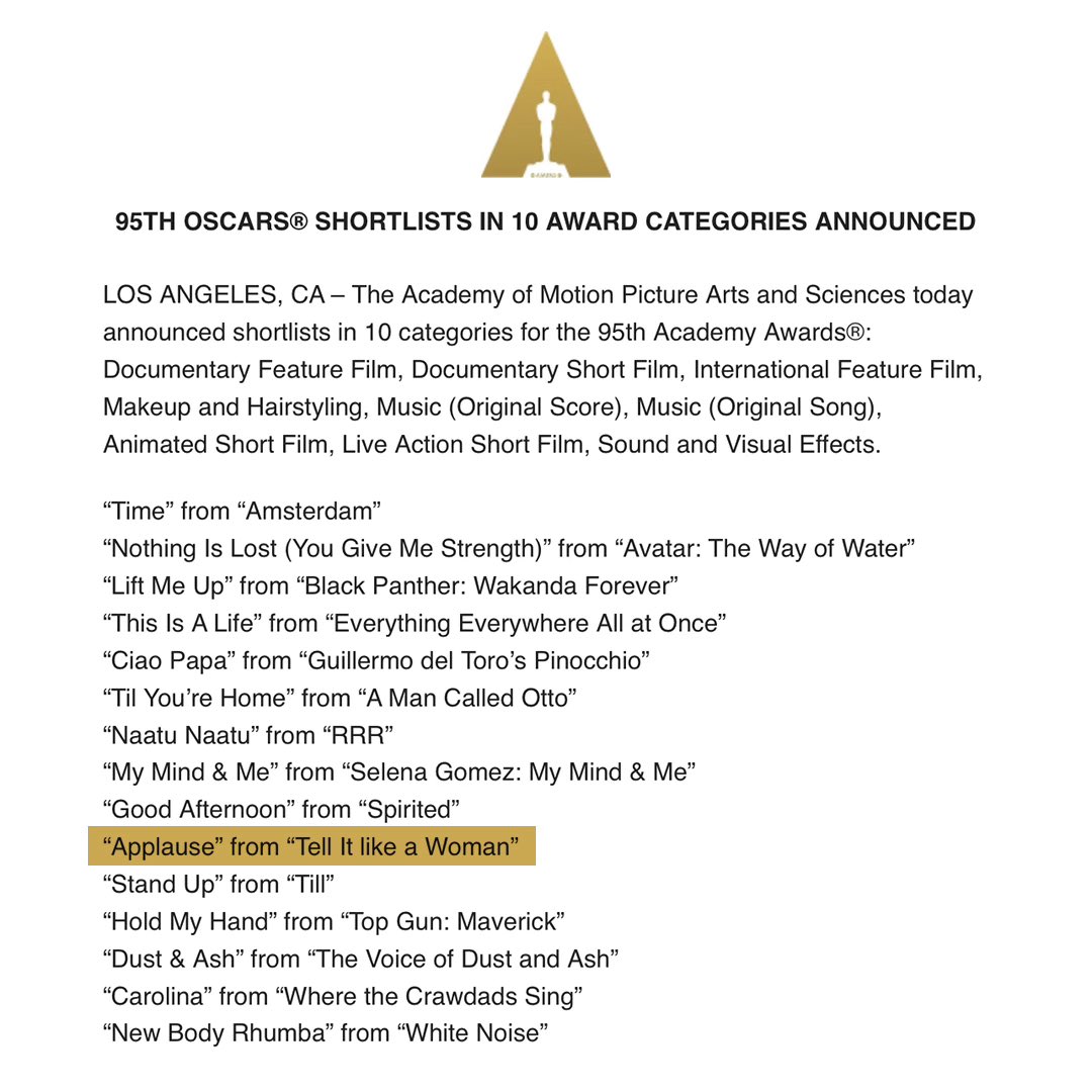 APPLAUSE. The Oscar’s Short List💫

Forever honored to be the voice of this anthem. No words will suffice. <a href="/Diane_Warren/">Diane Warren</a> <a href="/TheAcademy/">The Academy</a>