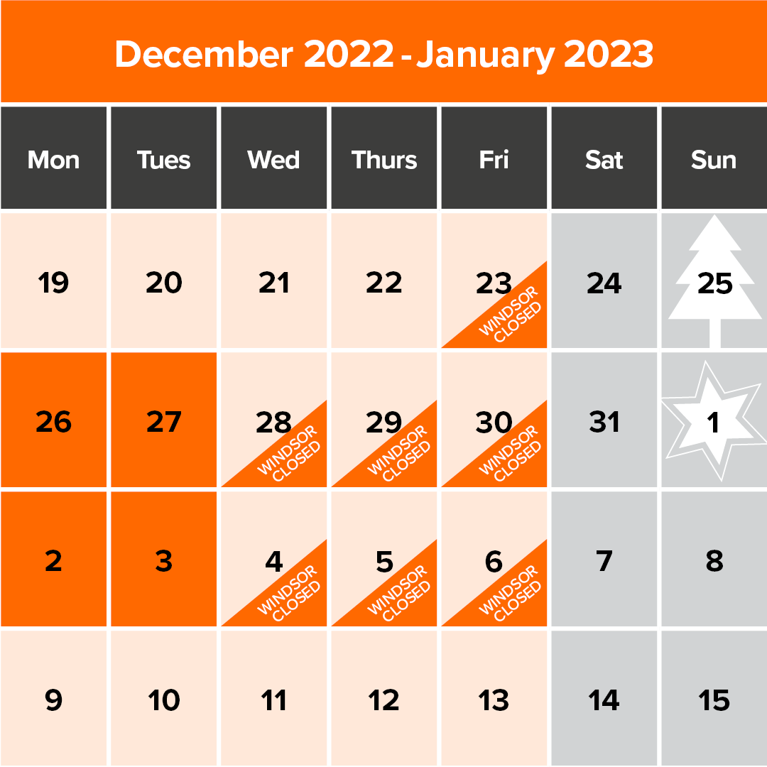It’s almost Christmas! Due to the way the public holidays fall this year our branches and Contact Centre will be closed for a few days over the festive season. To help you know what days you'll be able to contact us, we’ve put together a helpful calendar below. Happy holidays!