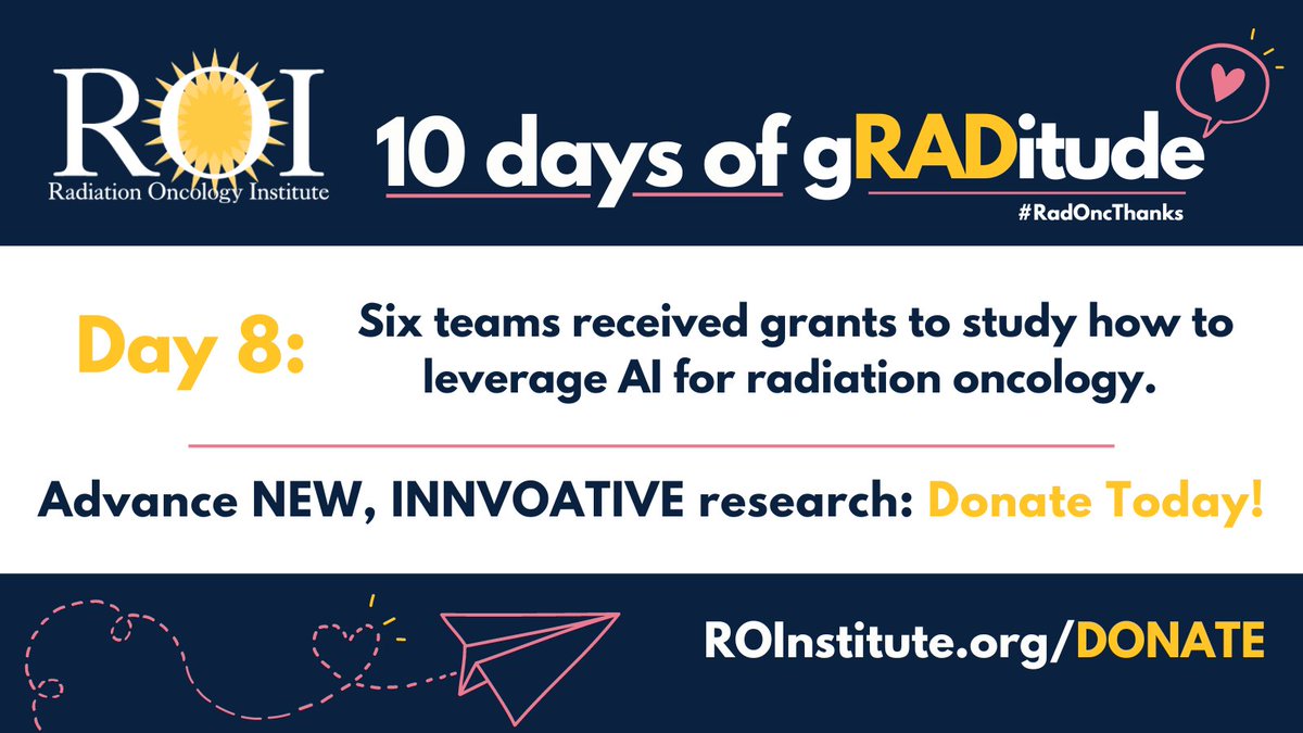 Radiation Oncology Institute-The ASTRO Foundation (@ro_institute) on Twitter photo Six investigative teams in 2022 received grants from ROI to study leveraging AI for #RadOnc including: <a href="/MRI_ChaitraB/">Chaitra Badve</a>
<a href="/TLChaunzwaMD/">Tafadzwa L. Chaunzwa</a>
<a href="/AllenMoMDPhD/">Allen Mo</a>
<a href="/JinzhongYangPhD/">Jinzhong Yang</a>
<a href="/PercyLeeMD/">Percy Lee MD</a>
<a href="/SimengZhuMD/">Simeng Zhu</a>
Help advance NEW, INNOVATIVE research: donate at ROInstitute.org/donate Six investigative teams in 2022 received grants from ROI to study leveraging AI for #RadOnc including: <a href="/MRI_ChaitraB/">Chaitra Badve</a>
<a href="/TLChaunzwaMD/">Tafadzwa L. Chaunzwa</a>
<a href="/AllenMoMDPhD/">Allen Mo</a>
<a href="/JinzhongYangPhD/">Jinzhong Yang</a>
<a href="/PercyLeeMD/">Percy Lee MD</a>
<a href="/SimengZhuMD/">Simeng Zhu</a>
Help advance NEW, INNOVATIVE research: donate at ROInstitute.org/donate