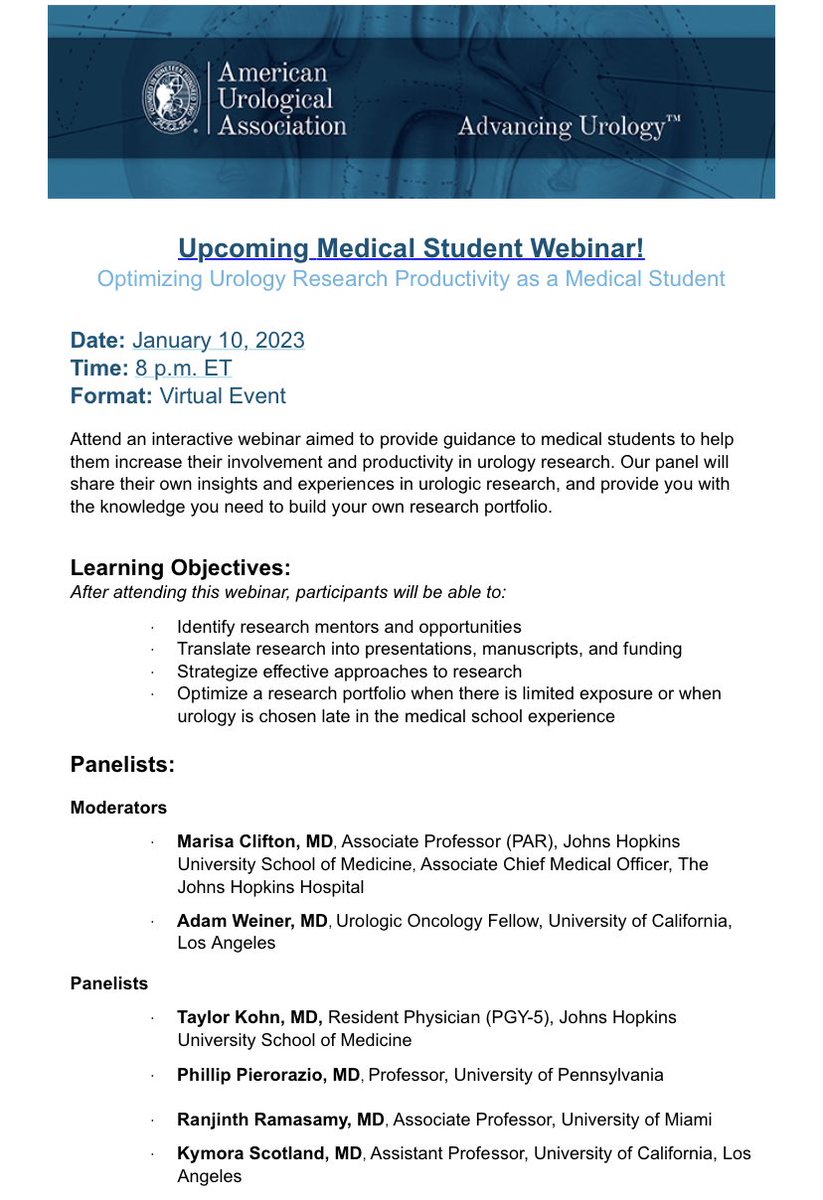 🚨Calling all med studs interested in urology🚨

<a href="/AmerUrological/">Amer. Urol. Assn.</a> med stud education committee is hosting a ⭐️-studded webinar on research🔬during medical school

Info below 👇

Save the date! 

#uromatch #UroSoMe <a href="/nntadros/">Nick Tadros, MD, MCR, MBA</a> <a href="/Uro_Siddiqui/">Rashid Siddiqui, MD</a>