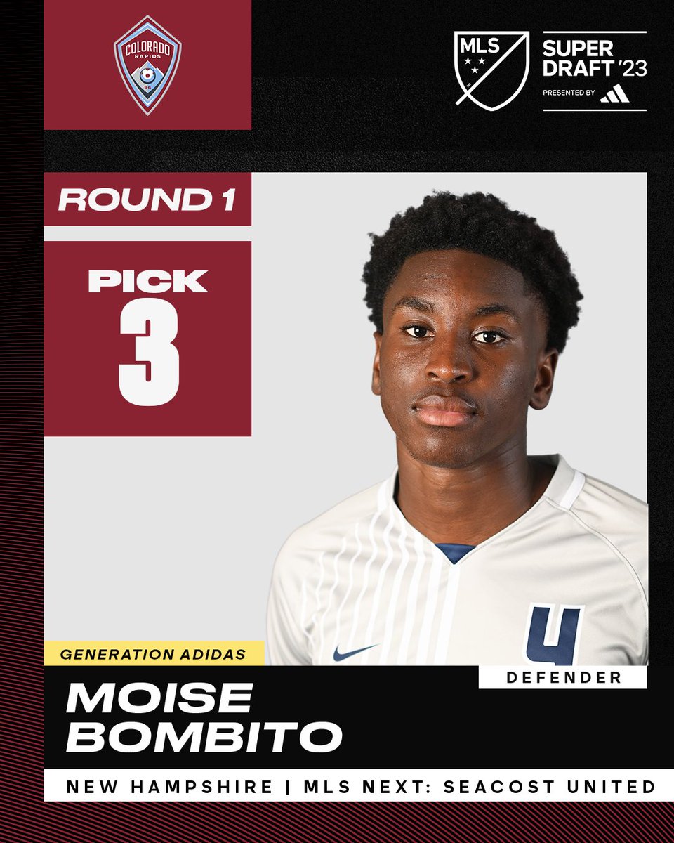 With the No. 3 overall pick in the 2023 MLS #SuperDraft, <a href="/ColoradoRapids/">Colorado Rapids</a> select defender Moise Bombito.