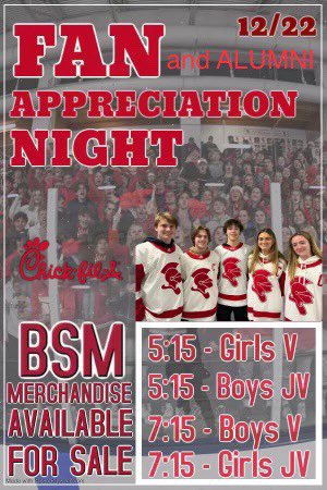 BSMBoysHockey's tweet photo. Fan Appreciation Night Tomorrow! Come and Cheer on the Boys and Girls! https://t.co/W7nnWYFa4w