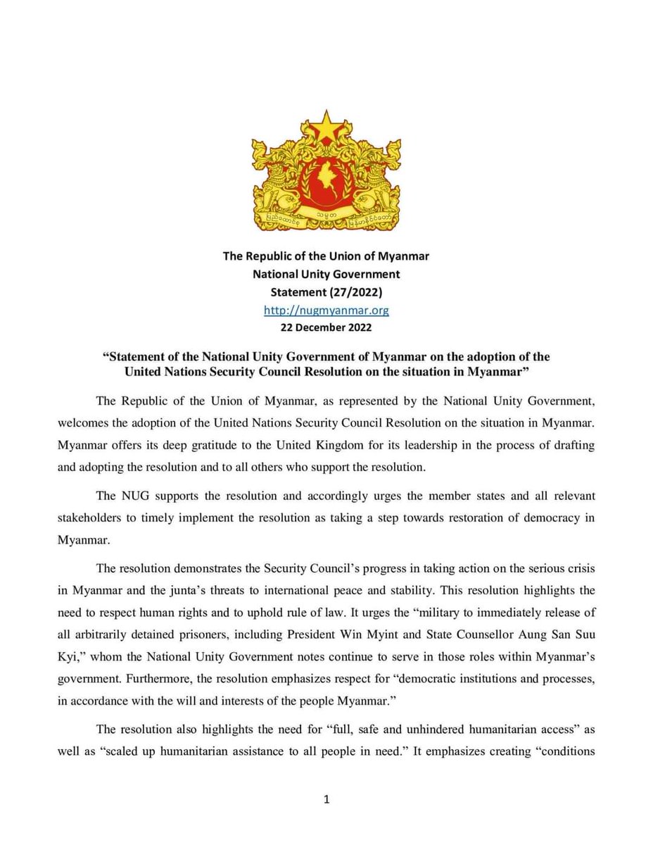 NUGPressSPOX's tweet photo. #NUG welcomes today's adoption of the UNSC resolution on #Myanmar, urges the member states and all stakeholders to timely implement. We thank the UK for its leadership &amp; those supported. Decisive action is needed to save lives and prevent further instability. https://t.co/8f7ZBZj6vx