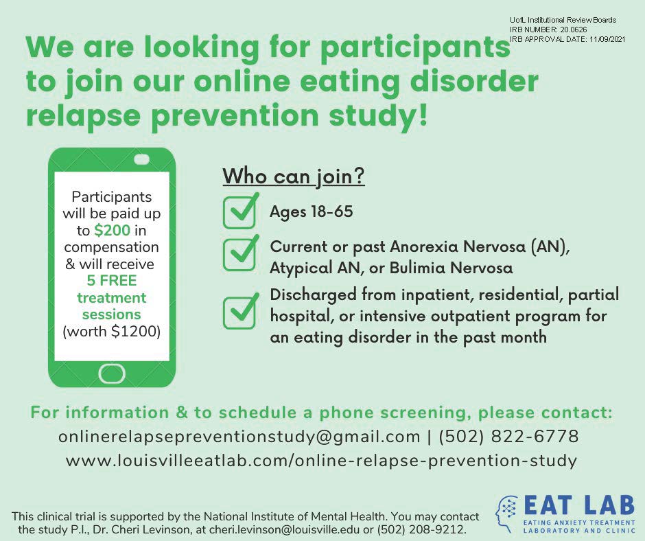 EAT Lab (@uofleatlab) on Twitter photo Help us cure eating disorders and receive free treatment!! Participate in a PAID study with the EAT Laboratory. Join a clinical trial comparing two 5-week online #eatingdisorder relapse prevention treatments! Email onlinerelapsepreventionstudy@gmail.com for more information! Help us cure eating disorders and receive free treatment!! Participate in a PAID study with the EAT Laboratory. Join a clinical trial comparing two 5-week online #eatingdisorder relapse prevention treatments! Email onlinerelapsepreventionstudy@gmail.com for more information!