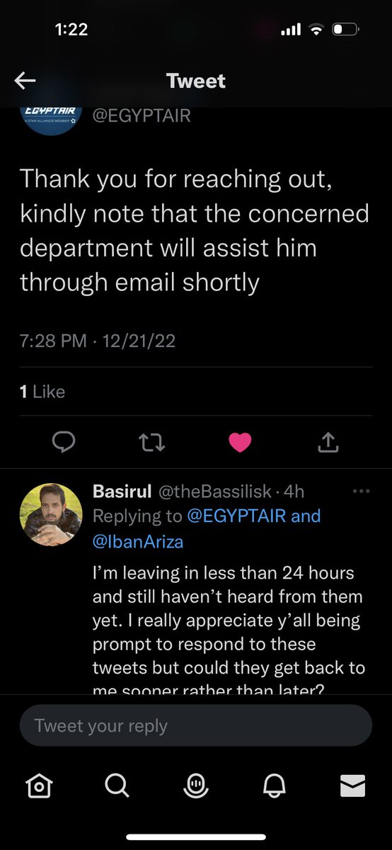 theBassilisk's tweet photo. @EGYPTAIR  I will be at JED airport in under 12 hours and I still haven’t heard back from the concerned team. 3 days ago I was told that had been sent to JED — where are they? https://t.co/DpNwZrAHsS