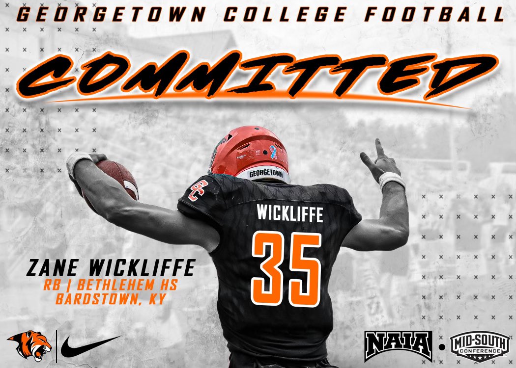 Zane Wickliffe (@zanewickliffe) on Twitter photo Excited to announce that I have committed to <a href="/Gtown_Football/">Georgetown College Football</a> to continue my athletic and academic career. Extremely blessed for this opportunity to become a tiger. All thanks to God! <a href="/CoachPerrone/">Coach Perrone (My Recruits)</a> <a href="/GtownCoachO/">Chris Oliver</a> <a href="/coach_grady/">Clyde Grady</a> <a href="/CoachKellerGC/">Dayne Keller</a> <a href="/BethlehemAthle1/">Bethlehem Athletics</a> <a href="/BethlehemHSFB/">Bethlehem Eagles Football</a> Excited to announce that I have committed to <a href="/Gtown_Football/">Georgetown College Football</a> to continue my athletic and academic career. Extremely blessed for this opportunity to become a tiger. All thanks to God! <a href="/CoachPerrone/">Coach Perrone (My Recruits)</a> <a href="/GtownCoachO/">Chris Oliver</a> <a href="/coach_grady/">Clyde Grady</a> <a href="/CoachKellerGC/">Dayne Keller</a> <a href="/BethlehemAthle1/">Bethlehem Athletics</a> <a href="/BethlehemHSFB/">Bethlehem Eagles Football</a>