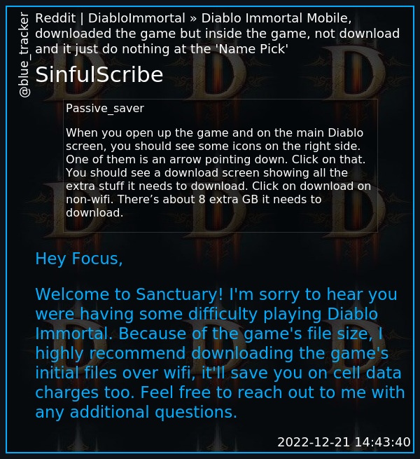 bluetracker on X: [#Diablo] 🇺🇸 New post by SinfulScribe in Diablo  Immortal Mobile, downloaded the game but inside the game, not download and  it just do nothing at the 'Name Pick' in