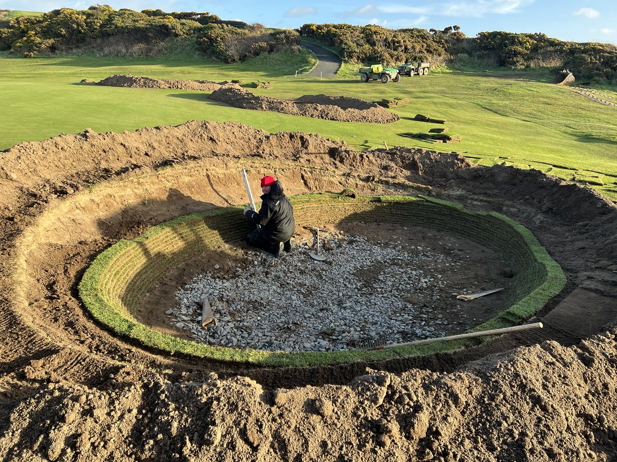 Re-shaping and re-vetting of 5 bunkers at our 12th hole/green @ArdglassGolf . Great job by @Gordonvonkrafft and his team along with @DARGolf_ @KenKearneyGD @stephen93214099 . #AwesomeArdglass