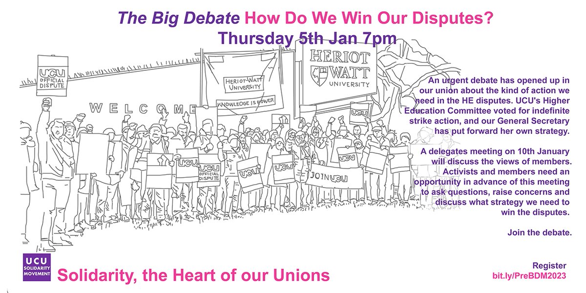 The Big Debate Hear different perspectives on what the strike strategy should be ahead of the Higher Education Branch Delegates Meeting. Have your say and ask questions. 🗓️ Thurs 5 Jan ⏰ 7pm on Zoom 👉🏽 Register: bit.ly/PreBDM2023 👉🏽 Share: fb.me/e/2sZibuODE