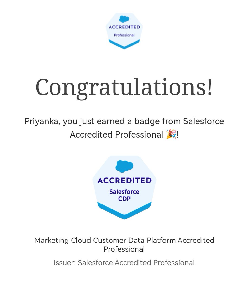 priyanka_taunk's tweet image. 🙌 ✨ @salesforce CDP Accredited! 
#salesforcecdp #CDP #Salesforce #salesforcegenie