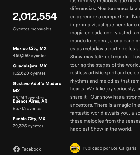 Perick_un's tweet photo. Me enteré del chisme de los Caligaris (jeje) y, aunque creí exagerada la decisión de correr al wey que se puso a hablar mal de México, ya viendo sus números en Spotify es perfectamente entendible que prefirieran darle aire a un wey que perder su changarro: https://t.co/lXnxNgBEmA
