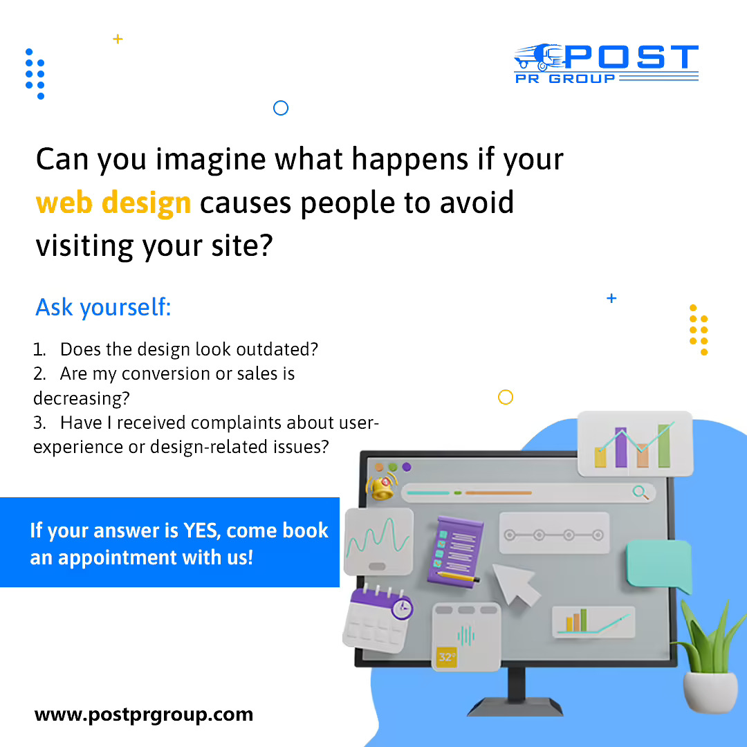 PostPRGroup's tweet image. Can you imagine what happens if your web design causes people to avoid visiting your site?

Ask yourself:
1. Does the design looks outdated?
2. Are my conversion rate or sales is decreasing?

If your answer is YES, come and book an appointment with us!

postprgroup.com